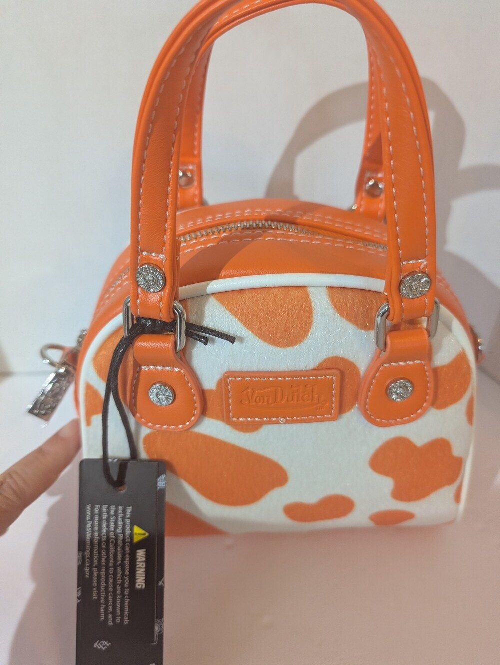 NWT Von Dutch Orange Cowprint Bowling Bag Satchel/ Crsbdy with Turquoise Logo - Picture 6 of 9